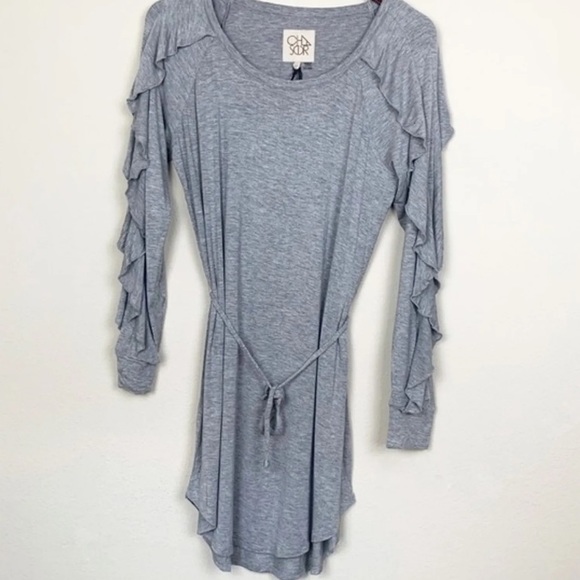 NWT CHASER Cool Jersey Ruffle Raglan Shirttail Dress Size M Color: Gray - Picture 6 of 12